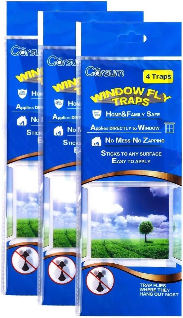 Garsum Window Fly Traps Indoor, Fly Paper Bug Sticky Strips, House Fly Killer Window Decal Non-Toxic,4 Pcs per Pack Total 12 Pieces