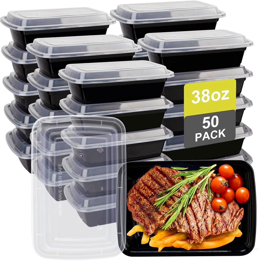 Meal Prep Containers 38oz 50 Pack Plastic To Go Food Containers, Disposable To Go Containers with Lids BPA Free, Microwave/Dishwasher/Freezer Safe