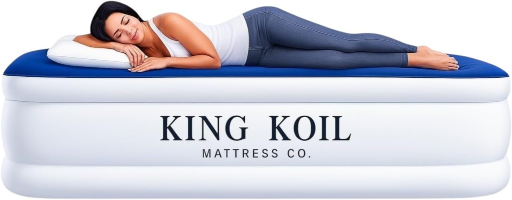 King Koil Luxury Twin Air Mattress with Built-in High Speed Pump for Camping, Home & Guests - Twin Size Double High Airbed Luxury Inflatable Blow Up Mattress Waterproof (1-Year Manufacturer Warranty)