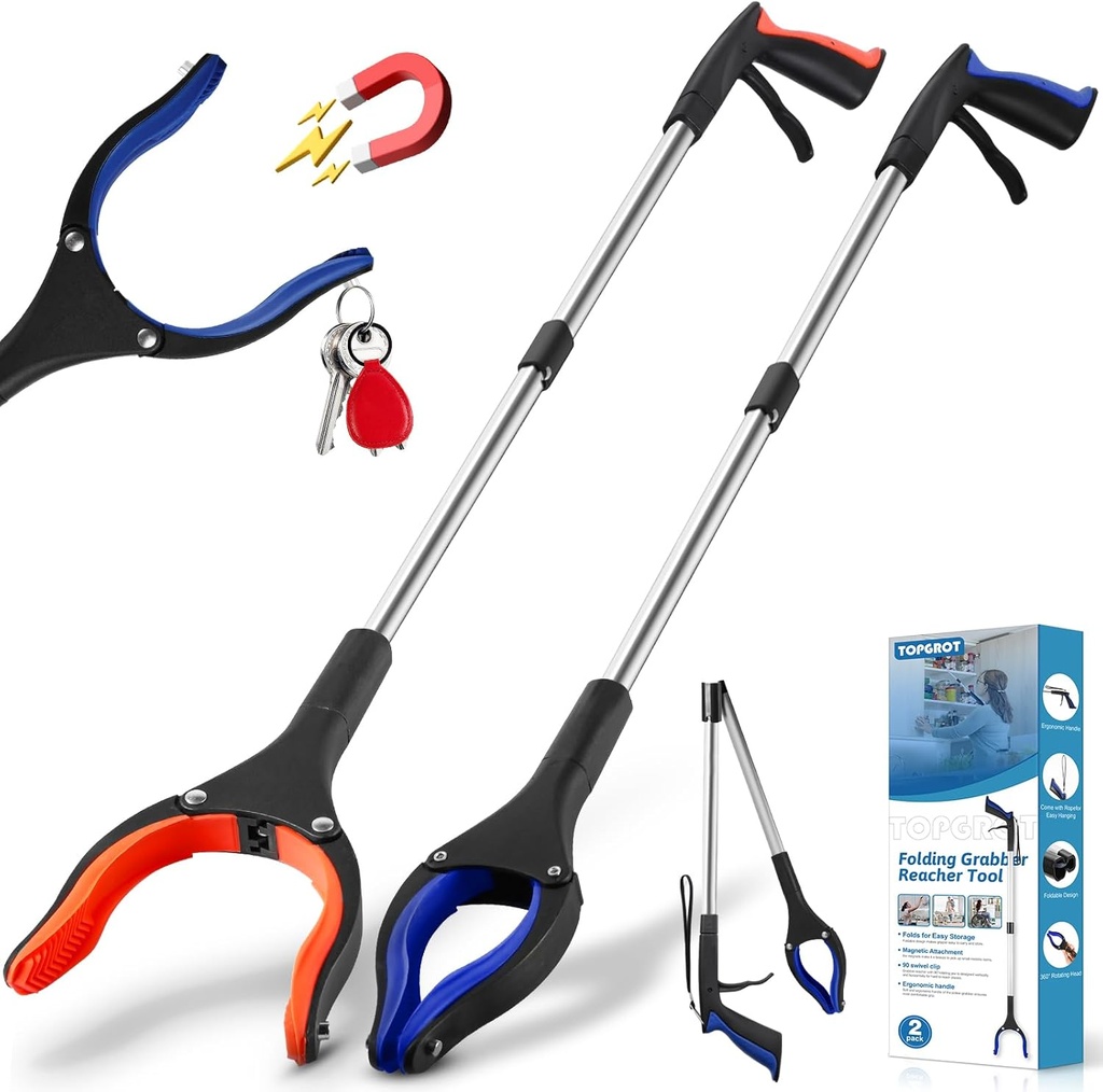 2-Pack Grabber Reacher Tool, 34" Foldable Reacher Grabber Pickup Tool with 90° Anti-Slip Rotating Jaw & Magnets, 4" Wide Claw Opening Reachers for Seniors, Trash Picker Tool