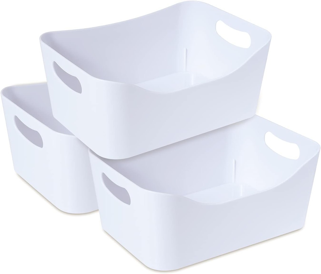 MATICAN Plastic Storage Bins with Handles, 3-Pack Small Pantry Storage Bins, Organizer Baskets for Kitchen, Bathroom, Bedroom, White, 9.6 x 6.6 x 4.1 Inches