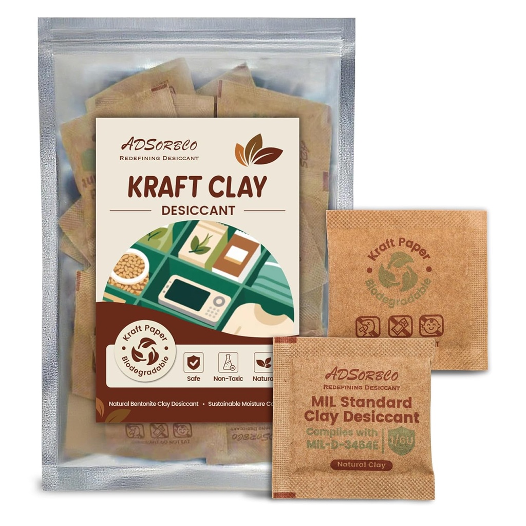 ADSorbco 6g x 50 Pack Bentonite Clay Desiccant Packs– Food Grade Moisture Absorbers for Pet Food, Tea, Dry Grains, Spices, Storage Bins – Silica Gel Packets Alternative, Desiccant Packs for Storage