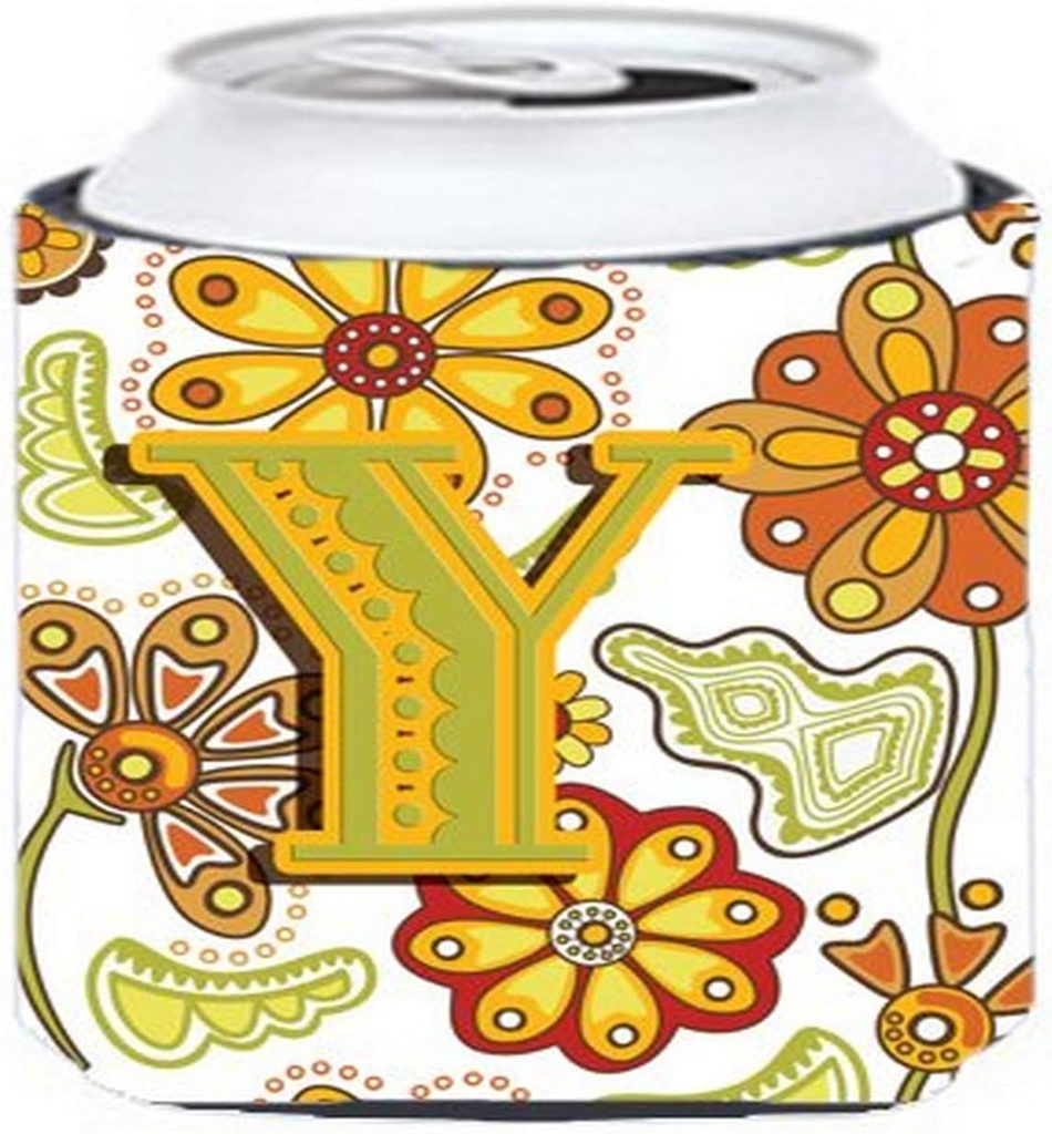 Caroline's Treasures CJ2003-YCC Letter Y Floral Mustard and Green Can or Bottle Hugger Cooler Washable Drink Sleeve Collapsible Beverage Insulated Holder, Can Hugger, Multicolor