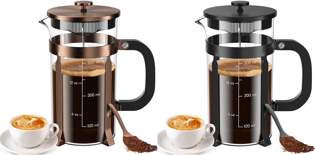 French Press Coffee Maker, 2 * 21 Ounce, Stainless Steel, Cold Brew Heat Resistant Borosilicate Glass Espresso Coffee & Tea Maker with 4 Filter