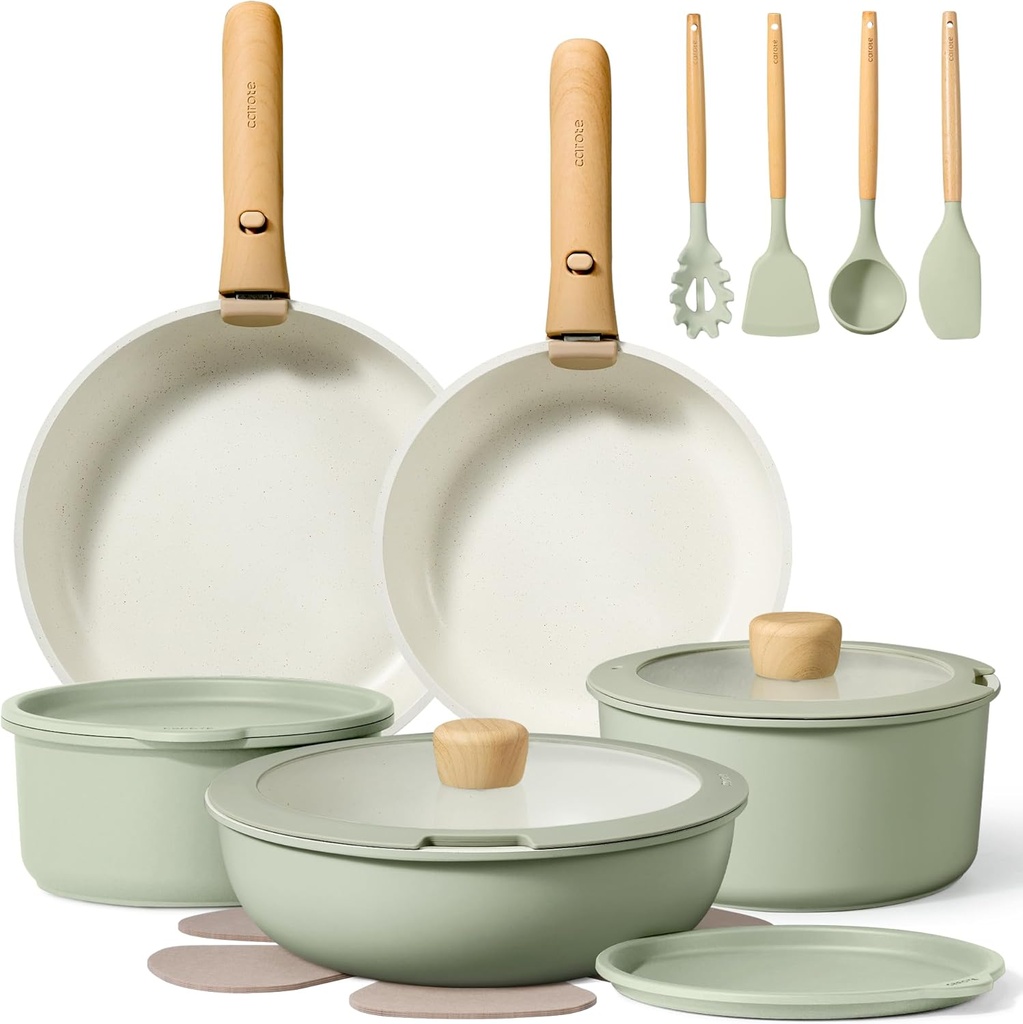 CAROTE Pots and Pans Set, Nonstick Cookware Set Detachable Handle, 19pcs Induction Kitchen Cookware Sets Non Stick with Removable Handle, RV Cookware Set, Oven Safe, Sage Green
