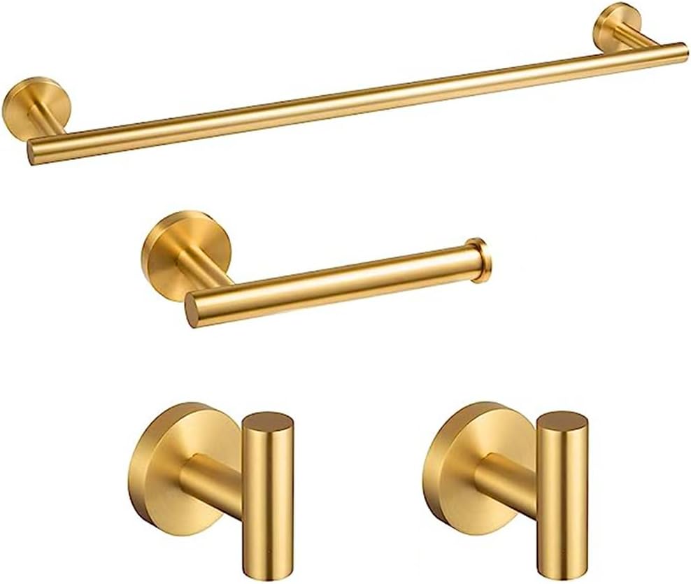 5PCS Bathroom Hardware Set, Brushed Gold Towel Bar Set, Stainless Steel Bathroom Towel Holder Set Includes 1 Gold Towel Bar, 1 Towel Ring, 2 Towel Hooks and 1 Toilet Paper Holder, Wall Mounted