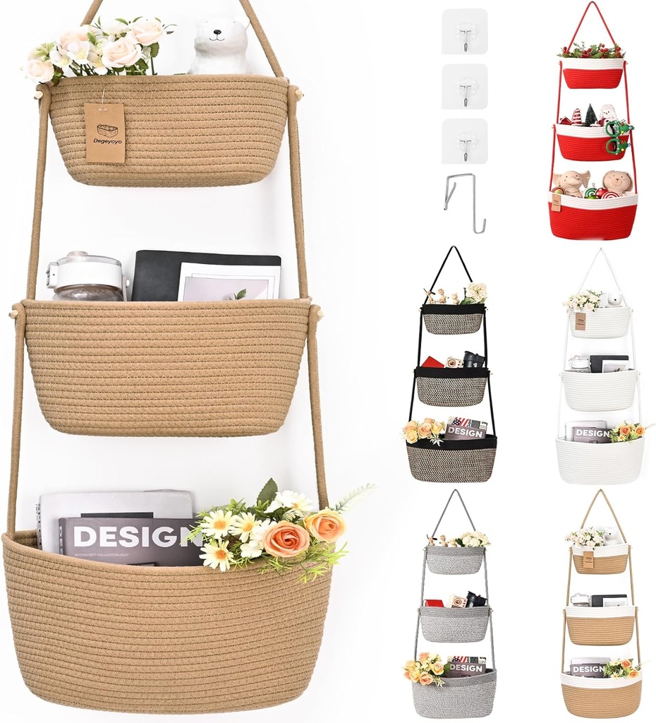 Hanging Storage Baskets, 3-Tier Over the Door Basket, Cotton Wall Baskets Storage, Detachable Hanging Door Basket with 4 Hooks, Over the Door Organizer Nursery for Bedroom, Living Room, Bathroom Wall