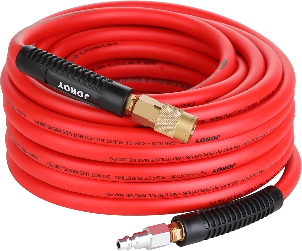 Hybrid Air Hose, 3/8-Inch by 50 Feet Air compressor Hose,Heavy Duty, Lightweight, Kink Resistant, All-Weather Flexibility with 1/4-Inch Brass Air Coupler and Plug, 300 PSI
