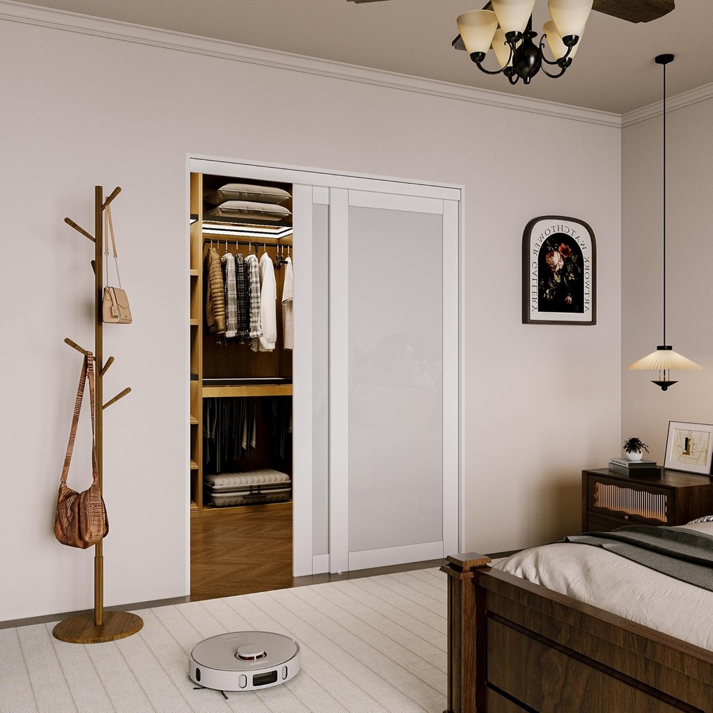 Bypass, 60" x 80" Sliding Closet Door, Double 31" Panels with Fingerprint-Resistant Frosted Glass, Water-Resistant Frame, Pre-Assembled Panels & Hardware Kit for Bedroom/Closet/Laundry