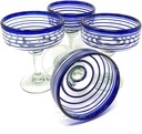 Unknown1 Mexican Hand Blown Glass Set of 4 Glasses (16 Oz) with Blue Spiral Design
