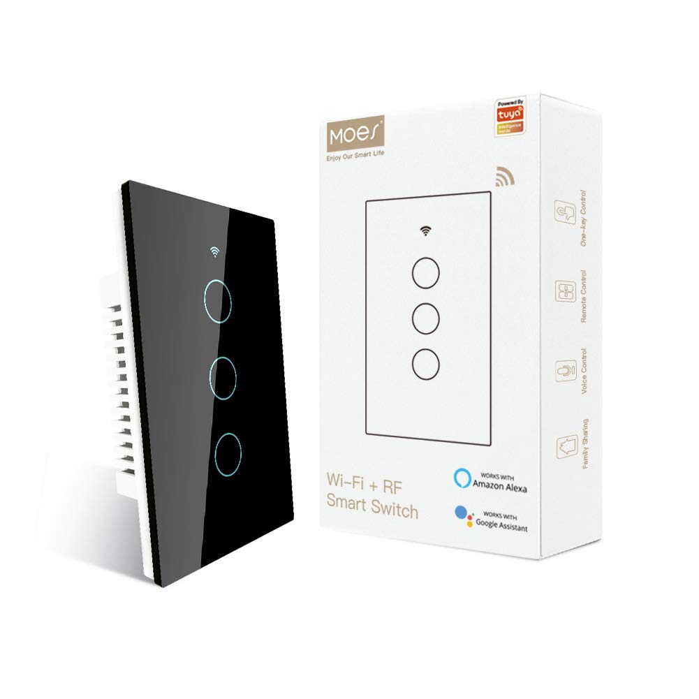 MOES 2.4GHz WiFi Wall Touch Smart Switch Neutral Wire Required, 3 Way Multi-Control, Glass Panel Light Switch Work with Smart Life/Tuya App, RF433 Remote Control, Alexa and Google Home Black 3 Gang