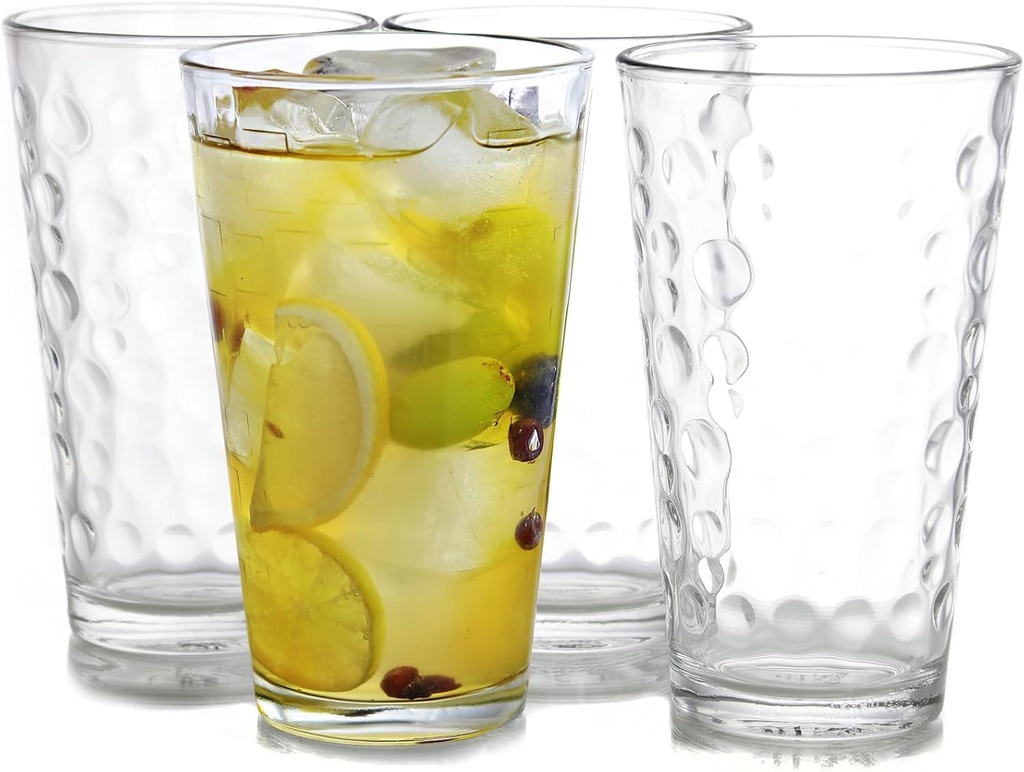 4 Piece Bubble Glass Tumbler Set – 16 oz Drinking Glasses, Embossed Dishwasher Safe Beverage Cups for Water, Iced Tea, and Cocktails