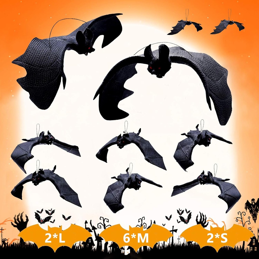 Halloween Hanging Bats Decorations, 10 pcs Creepy Flying Rubber Bats Decor & Caution Tape for Outdoor & Indoor, Realistic Looking Spooky Bats for Halloween Party Supplies Prank Toy Haunted House Decor