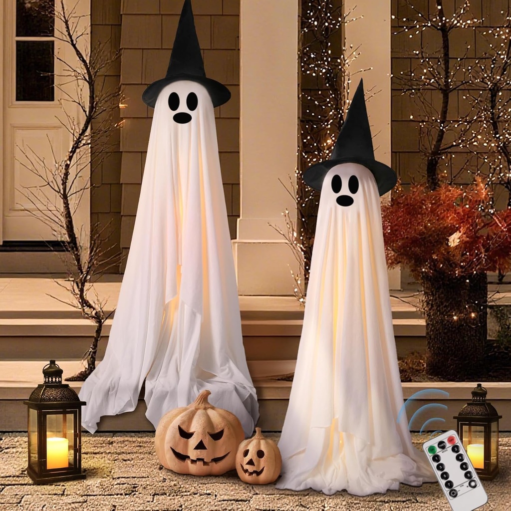 Halloween Decorations Outdoor Indoor Light-Up Spooky Ghosts with LED Light Strip and 2 Witch Hats Scary Standing Ghosts Decor for Indoor Home Front Porch Yard Party (2 Large Standing Ghosts)