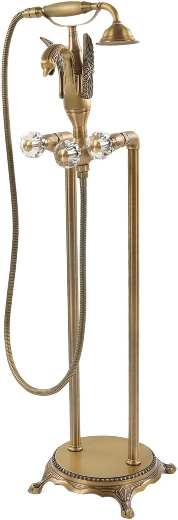 Topyond Freestanding Tub Faucet Antique Brass Material, Double Handle Floor Mount Tub Filler, Swan Antique Design, Includes Supply Line and Stop Valve, for Modern Bathrooms