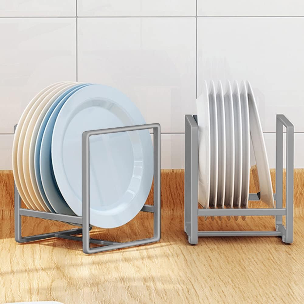2PCS Plate Holders Organizer, Metal Dish Storage Dying Display Rack for Cabinet, Counter and Cupboard, Grey, Small