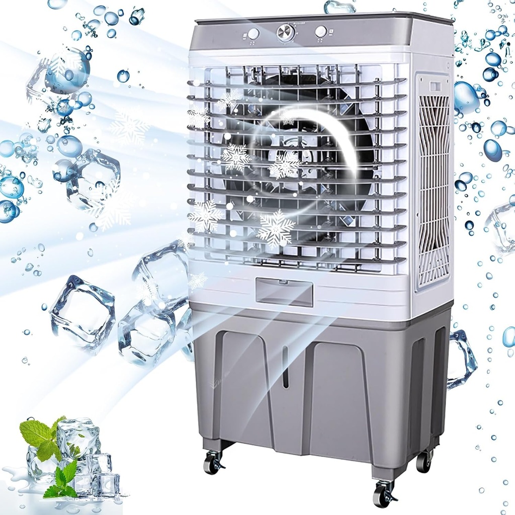 Mobile Air Cooler, Evaporative Aircooler Humidifier Fan, 60L Water Tank, 3 Wind Speeds, 120° Oscillation, 4 Universal 360° Wheel, for Outdoor Indoor Use