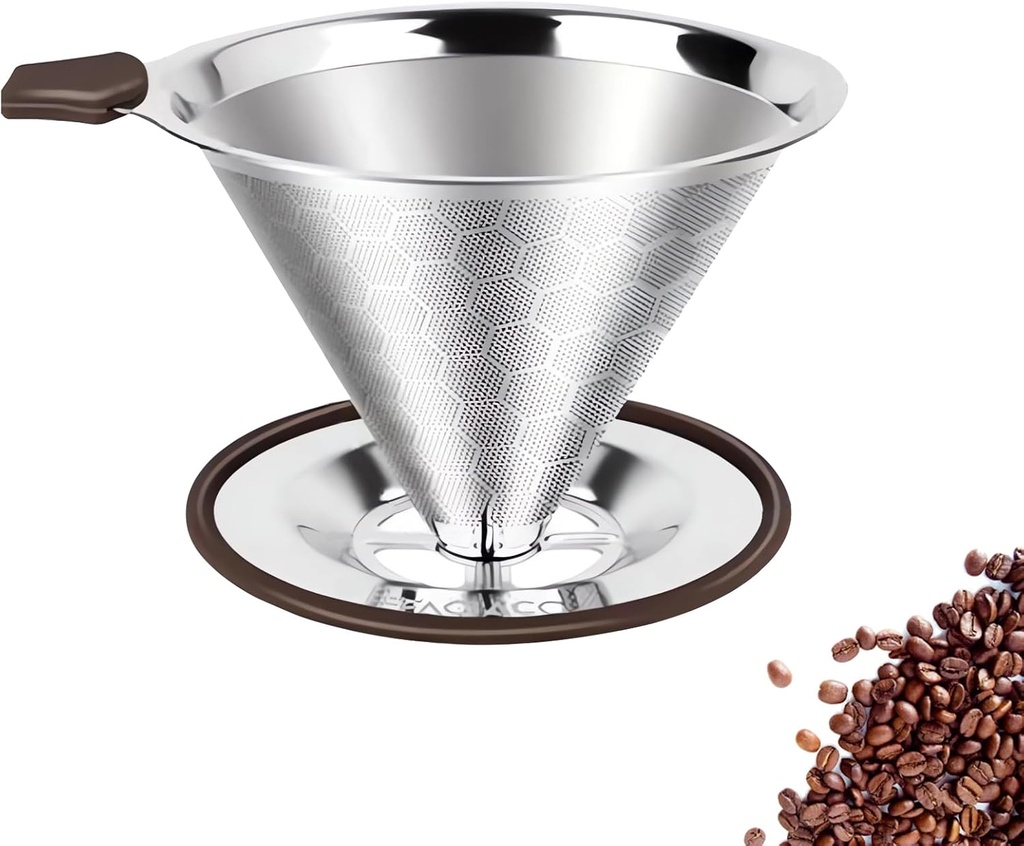 Pour Over Coffee Dripper,Stainless Steel Coffee Filter, Pour Over Maker Double Micro Mesh, Reusable Coffee Strainer (Silver)