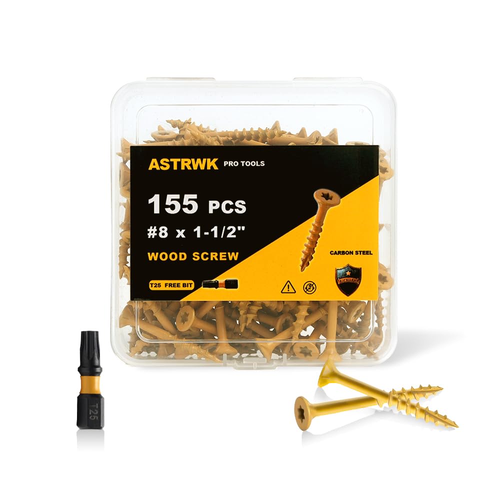 Deck Screw 1-1/2 Inch, Wood Screws #8 x 1-1/2, 155 PCS, Rust Resistant, Exterior Epoxy Coated, Outdoor Decking Screws, Torx/Star Drive Head Deck Screw, T25 Star Bit Included, Tan