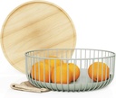 Fruit Basket with Wooden Bamboo Lid- Fruit Bowl For Kitchen Counter - Countertop Bin for Produce Fruits, Potato and Veggie - Metal Wire Baskets For Organizing - 11.4"x11.4"x4.5" - Green