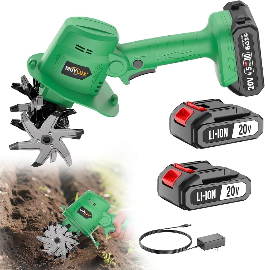20V Cordless Tiller Cultivator for Gardening, Electric Garden Tiller with 2 x 2.0Ah Batteries & Charger, Garden Rototiller for Lawn Gardening Soil Cultivation