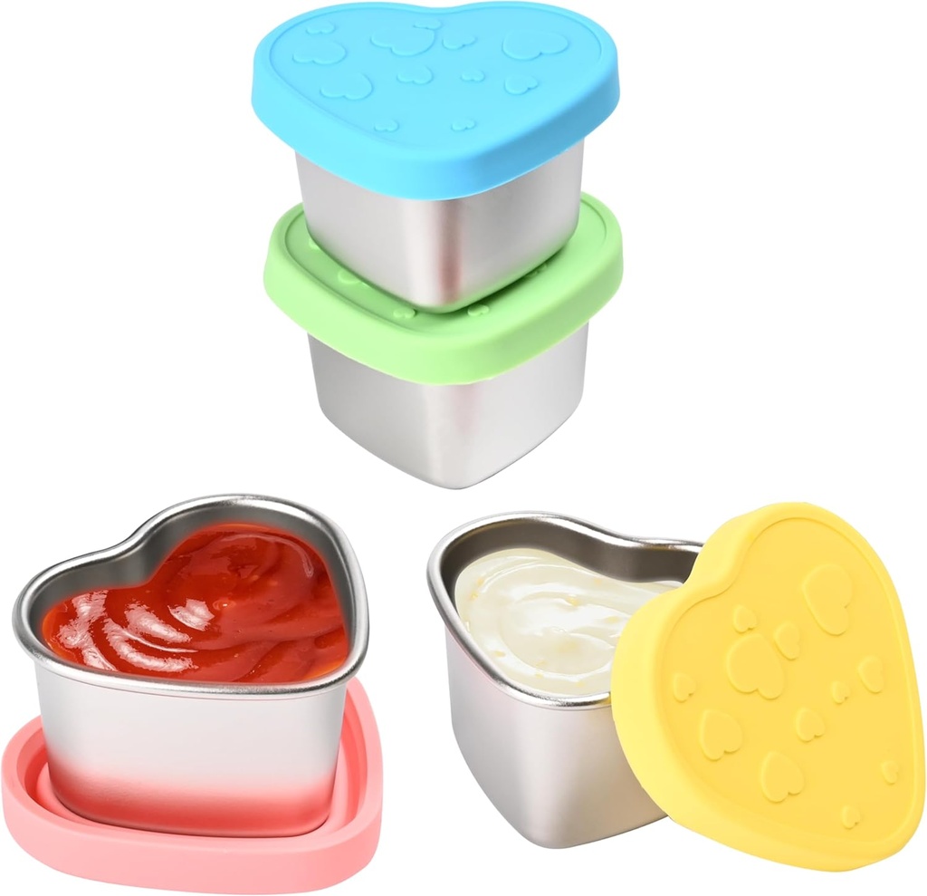 4 Pcs Heart-Shaped Salad Dressing Container to go, 2.1 Oz Stainless Steel Small Condiment Containers with Lids, Reusable Meal Prep Sauce Cups for Lunch Bento Box, Work, Picnic (4)