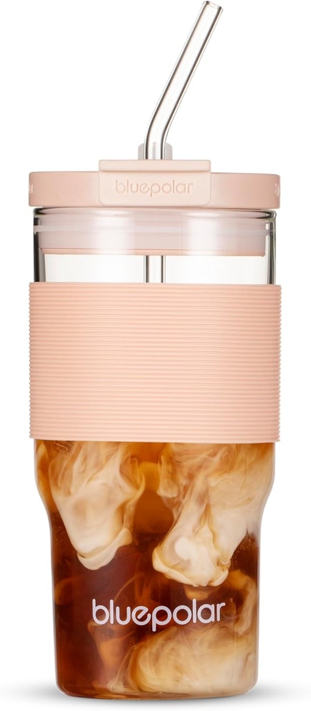 Glass Coffee Cups with Lids and Straws - 23oz Juice Bottles Leak-Proof Travel Water Glass Tumbler for Smoothies, Iced Coffee, Matcha,Flower Tea and Cold Beverages - Durable and Eco-Friendly (pink)