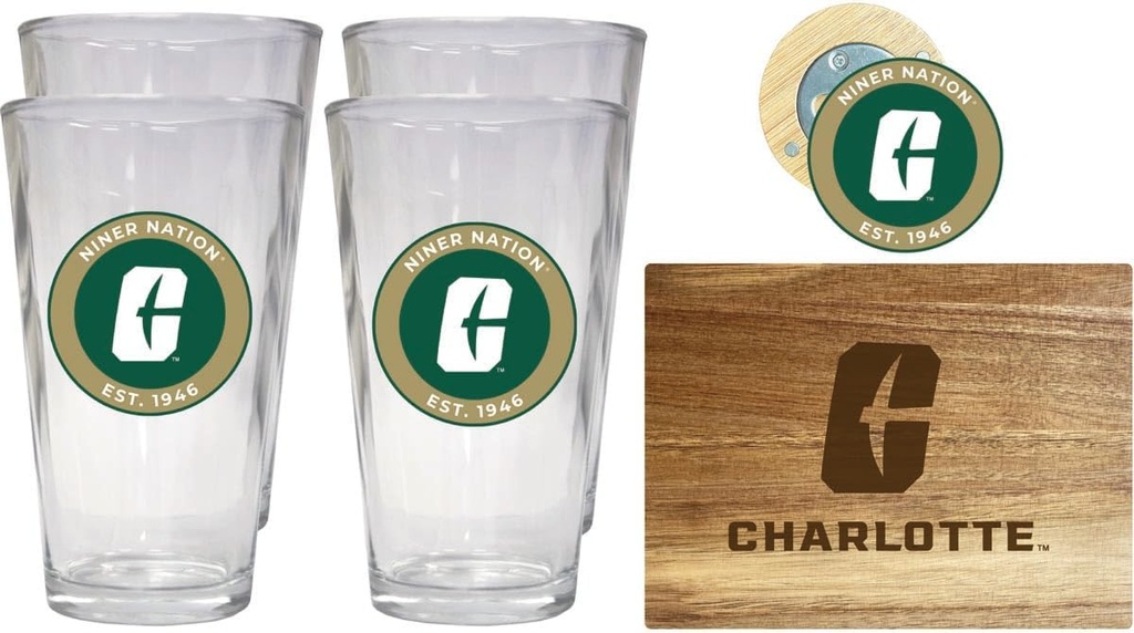 R and R Imports North Carolina Charlotte Forty-Niners Officially Licensed Kitchen Pack - Wood Cutting Board, 4 Pint Glasses & Magnetic Bottle Opener