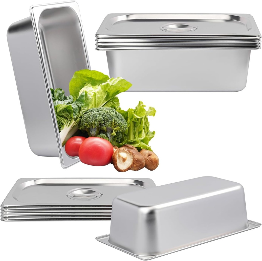 6 Pack 1/3 Size Stainless Steel Steam Hotel Pan with Lid, 4 Inch Deep Anti-Jamming Steam Table Pan, Professional Grade, Hotel Steam Pans for Catering, Restaurant, Home Kitchen & Dining
