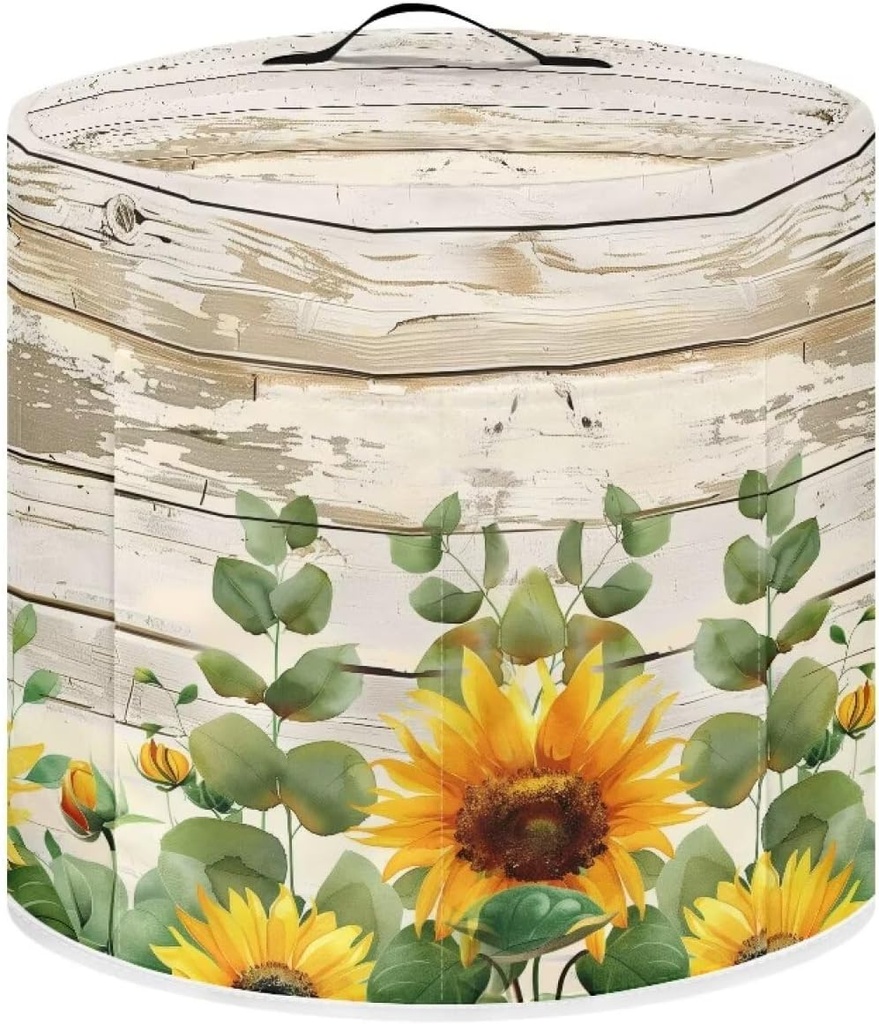 Wood Grain Sunflower Slow Cooker Covers Kitchen Appliances Dust Cover Round Air Fryer Cover Protective Cover Bag with Pocket and Handle Washable Rice Cooker Dust Cover