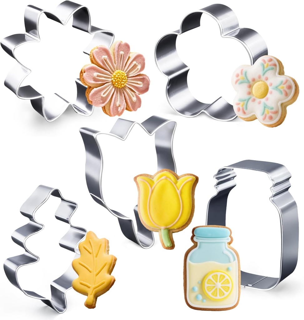 5Pack Flower Cookie Cutter Set, Stainless Steel Baking Tools Daisy Tulip Leaf and Mason Jar for DIY Biscuit Sandwiches Spring Party Fondant Mother's Day Cake Decorations