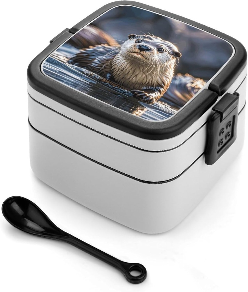 Otters Bento Box Double Layer Lunch Box for Adults with Spoon And Handle Stackable Lunchbox Leakproof Lunch Container for Work Picnic Travel