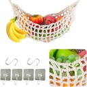 Hanging Fruit Hammock Under Cabinet, Fruit Basket for Kitchen, Macrame Hand-Woven Produce Vegetable Baskets with 4 Hooks & 2 Banana Storage Hooks, Boho Fruit Net Bag for Home Boat Camper RV