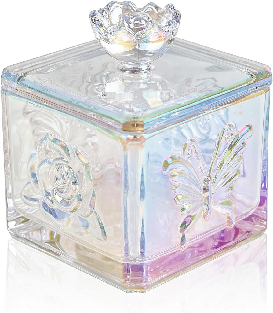 WHJY Cute Glass Candy Jar with Lid, Iridescent Colored Glass Candy Jar for Office Desk,Colorful Candy Dishes for Candy Buffet, Cookie Jar 4.5” Tall