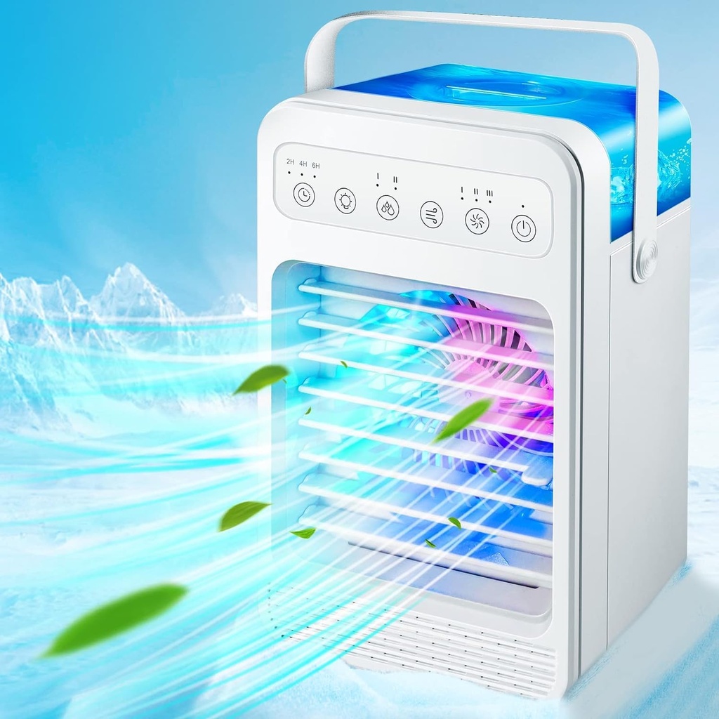Portable Air Conditioners - Evaporative Air Cooler & Humidifier Combo | 4 Speeds, 7 Colors Light, 2/4/6H Timing | Quiet Personal Air Conditioner Fan for Room, Office