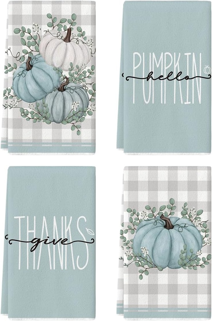 Artoid Mode Blue Eucalyptus Leaves Hello Pumpkin Fall Kitchen Towels Dish Towels, 18x26 Inch Farmhouse Give Thanks Decoration Hand Towels Set of 4