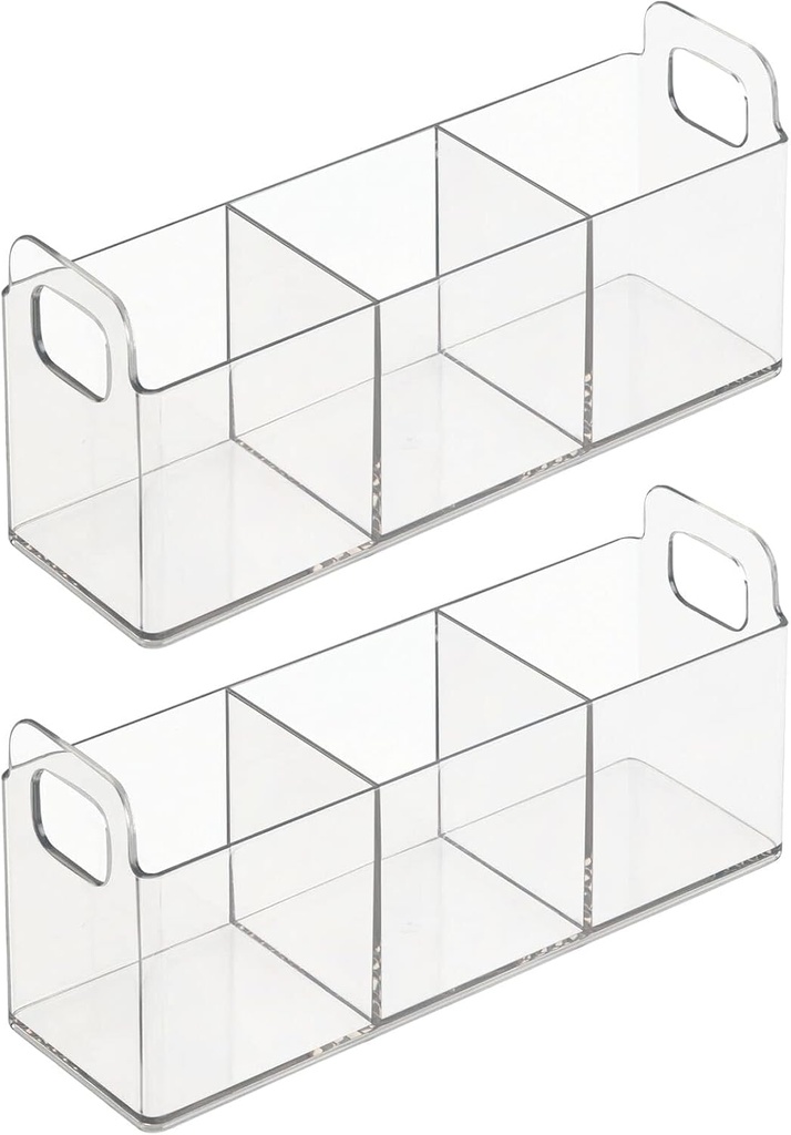 mDesign Plastic Condiment Organizer and Tea Bag Holder - 3-Compartment Kitchen Pantry/Countertop Storage Caddy - Divided Chip, Snack, Oatmeal Packet Holder - Lumiere Collection - 2 Pack, Clear