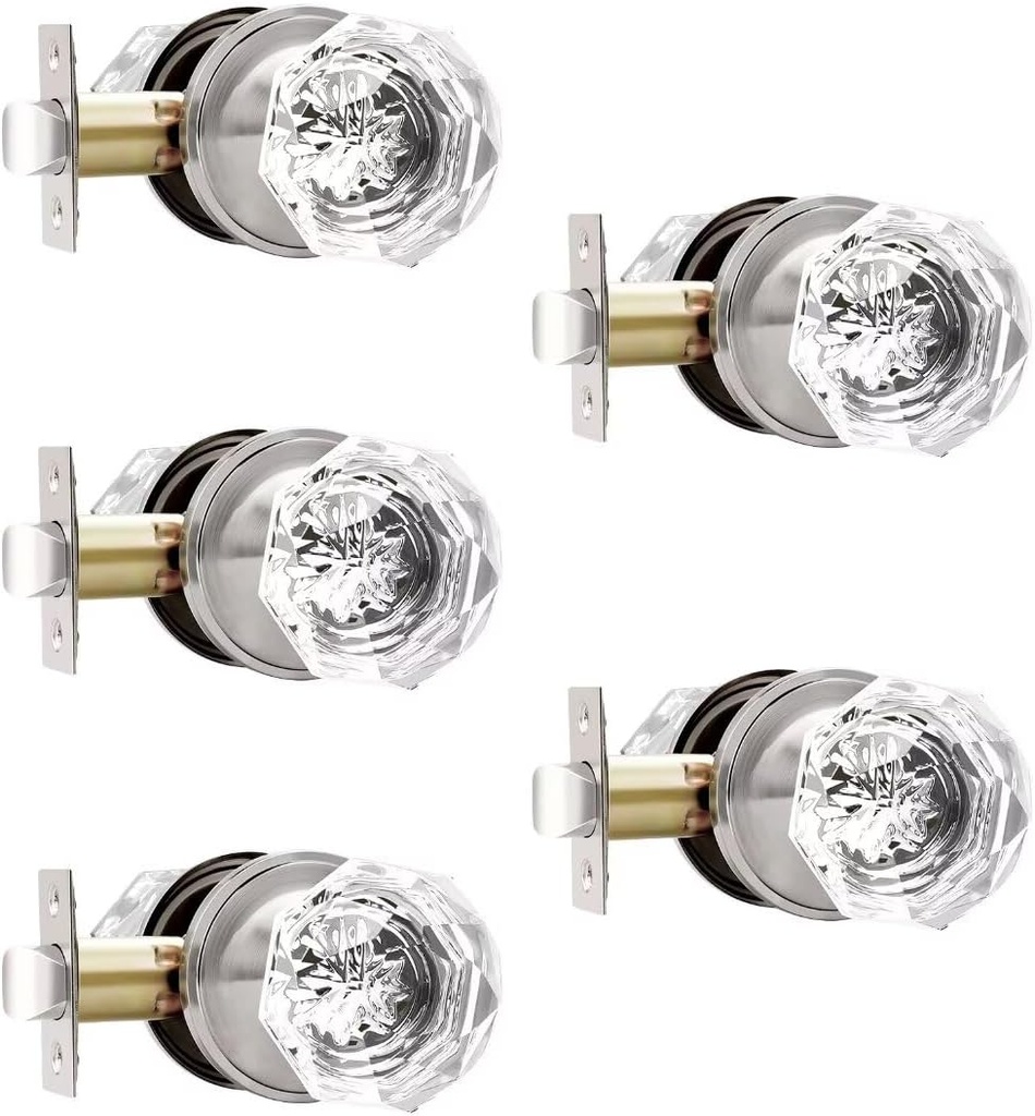 Clear Glass Passage Door Knobs 5 Pack, Closet Crystal Closet Door Knobs Interior, Satin Nickel Door Knobs