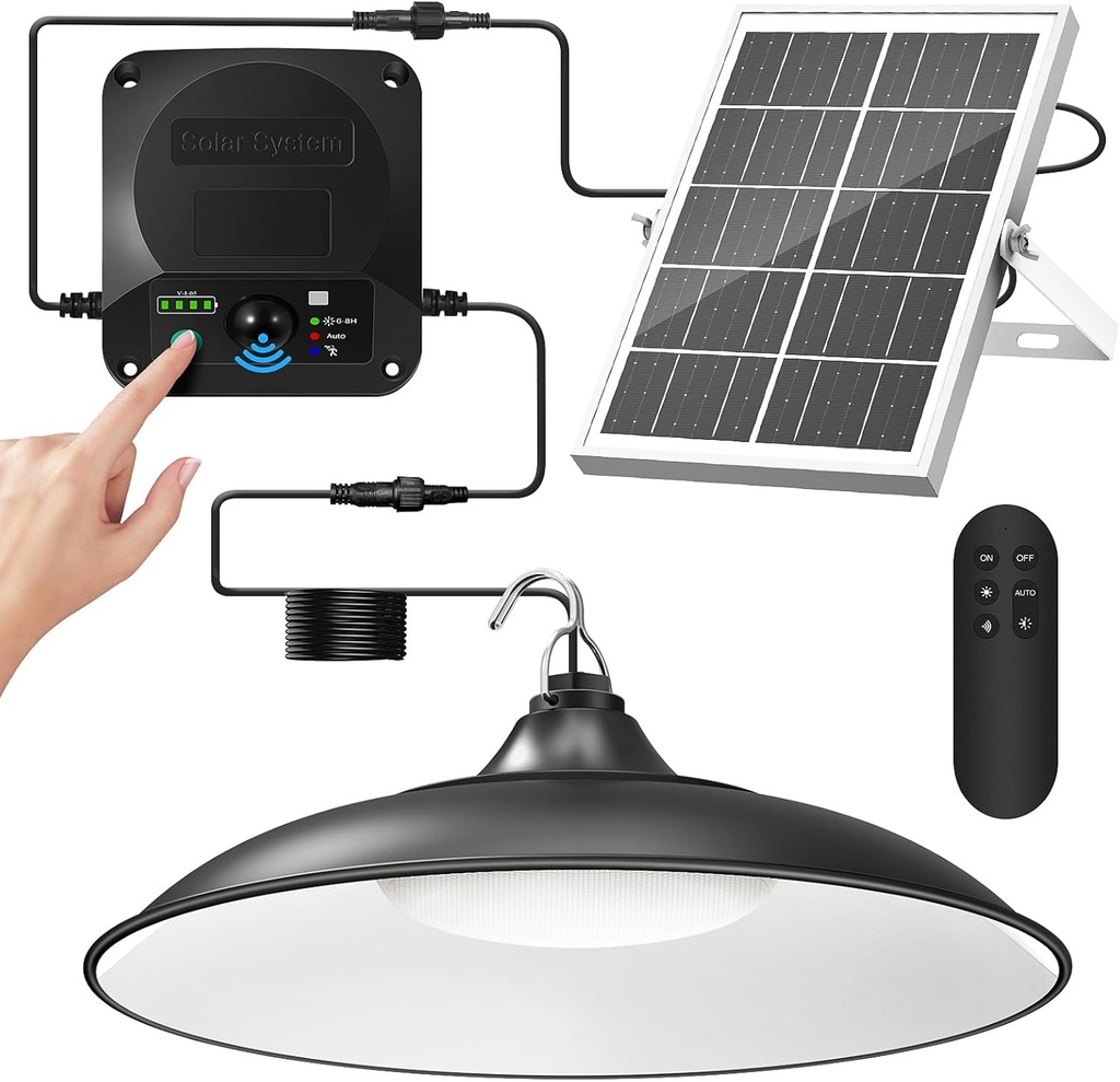 Solar Shed Light Indoor Outdoor, 2000LM Motion Sensor Pendant Light, Daytime Available Solar Indoor Lights with 4 Lighting Modes Remote Control for Barn, Patio, Gazebo, Shop, Garage