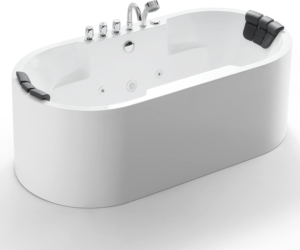 Empava 67" Freestanding Whirlpool Bathtub with Hydromassage Adjustable Water Jets Luxury Acrylic Massage SPA Soaking Bath Tub in White Double Ended