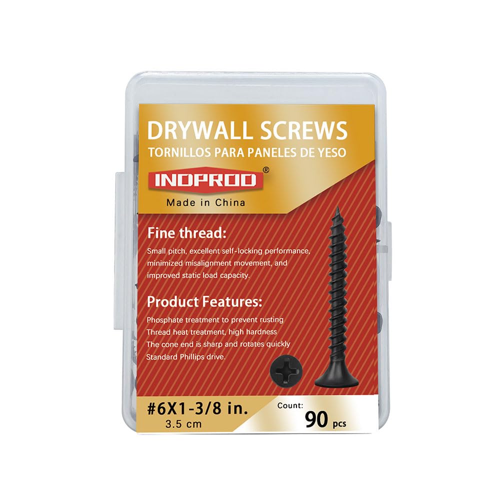 #6 x 1-3/8" Phillips Bugle Head Fine Thread Sharp Point Drywall Screw, Self Tapping Wood Screws with Black Phosphate Coated, Ideal Screw for Drywall, Wood and Sheetrock, 90 Pieces