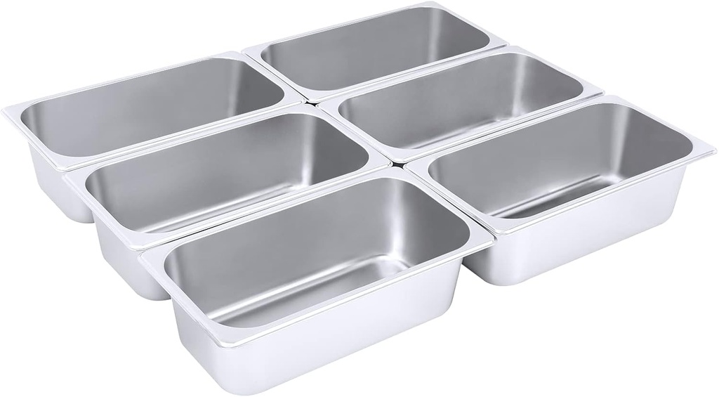 DYNAMI 6 Pack 1/3 Size x 4 Inch Deep Steam Table Pans,Commercial Stainless Steel Hotel Pans, Catering Food Pans for Food Warmer, Buffet Server, Restaurants and Catering Supplies