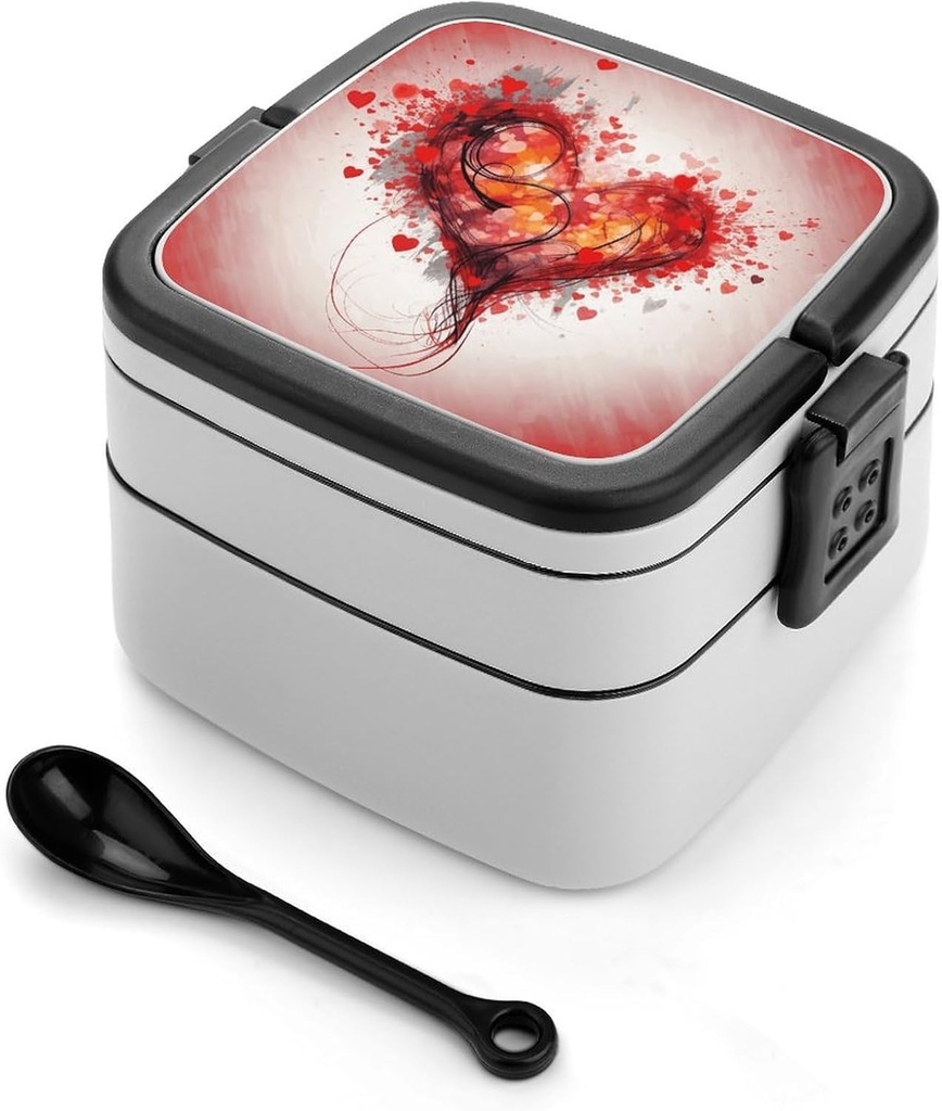 Stackable Double-Layer Bento Box Abstract Heart Adults Lunchbox With Spoon Cute Japanese Bento Box Dishwasher Safe for Work Travel Dining Outc