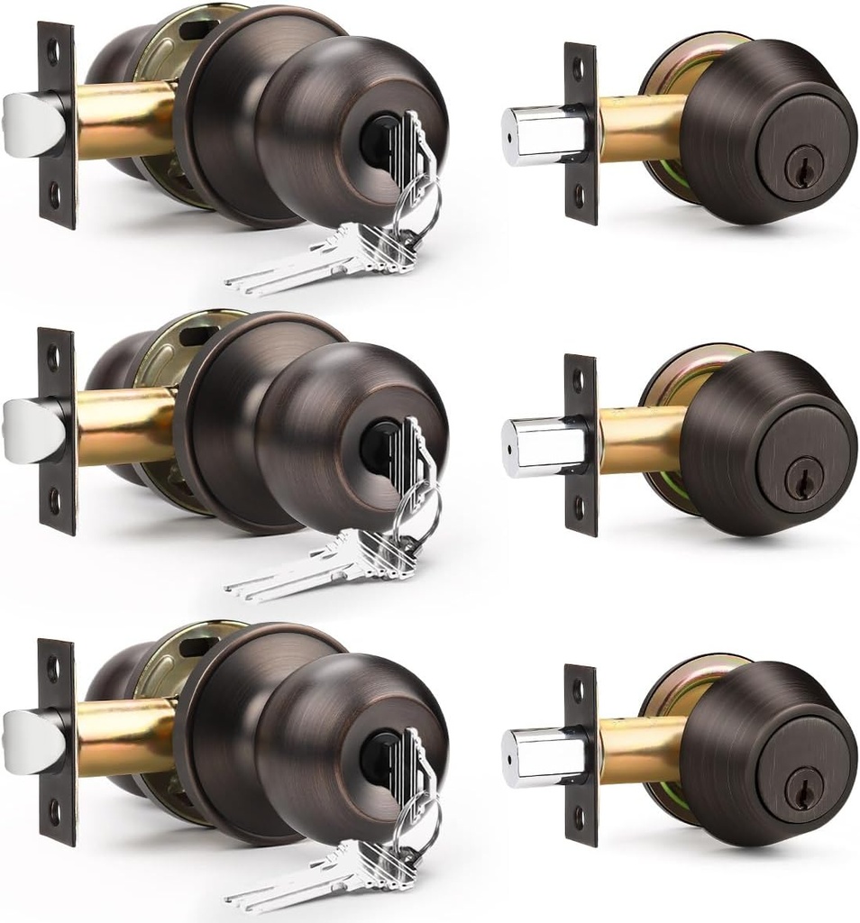 3 Pack Entry Door Locksets with Single Cylinder Deadbolt, Oil Rubbed Bronze Exterior Door Lock Set with Same Key, Front Roound Door Knob and Deadbolt Set