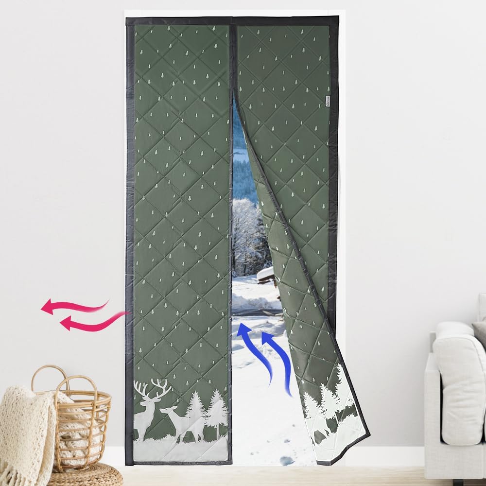 Thermal Insulated Door Curtain, 38 * 82 in Winter Magnetic Door Cover with WindowThick Layered Oxford Fabric Doorway Cover (Greyish-Green Elk)