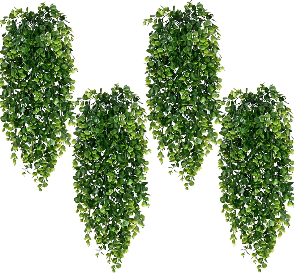 Waipfaru 4Pcs Fake Hanging Plants 2.7ft Fake Plants Eucalyptus Leaves UV Resistant Fake Vines Ivy Artificial Plants Outdoor Faux Plants Indoor Bedroom Living Room Boho Wall Porch Shelf Decor