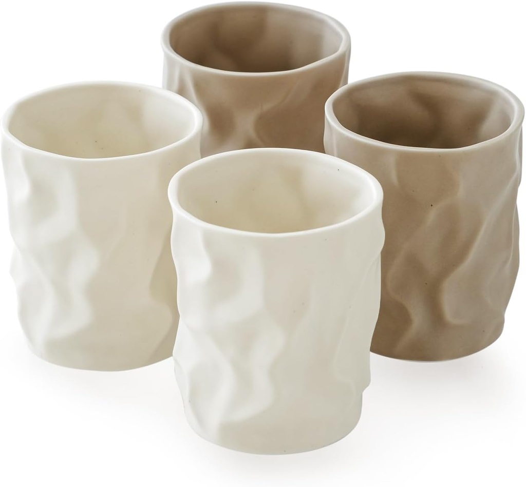 WENSHUO Crinkle Paper Shape Irregular Cup Set of 4, Reusable Ceramic Drinking Cups, 8oz
