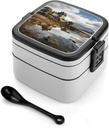 Scotland Castle Water Lake Scottish Bento Box with Spoon, 2-layer Stackable Lunch Box Leak Proof with Invisible Handle, Insulated Food Storage for Office, Picnic & Travel