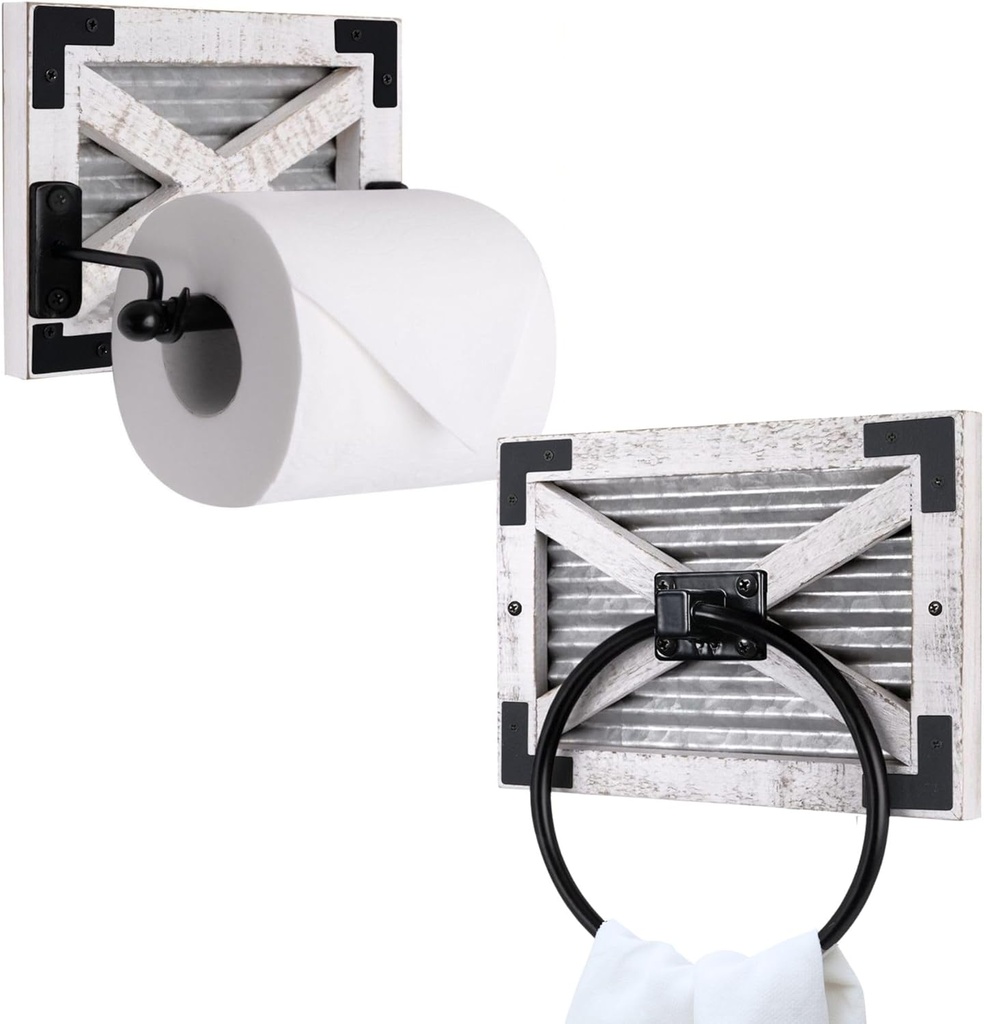 Autumn Alley Farmhouse Toilet Paper Holder and Towel Ring Holder with Bracket, Wall Mount, 2 Set - Farmhouse Toilet Paper Holder and Bathroom Hand Towel Holder Wooden Decor, White