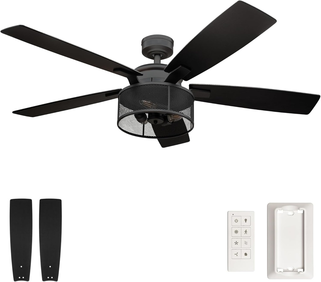 Honeywell Ceiling Fans Carnegie, 52 Inch Industrial LED Ceiling Fan with Light and Remote Control, Dual Mounting Options, Dual Finish Blades, Reversible Motor - 51928-01 - (Matte Black)